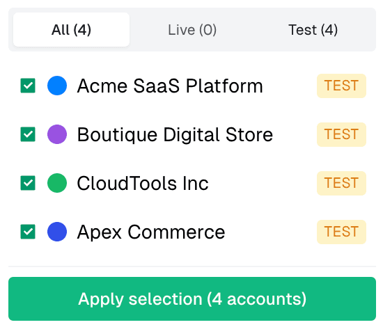 Account selector showing live and test account filtering options
