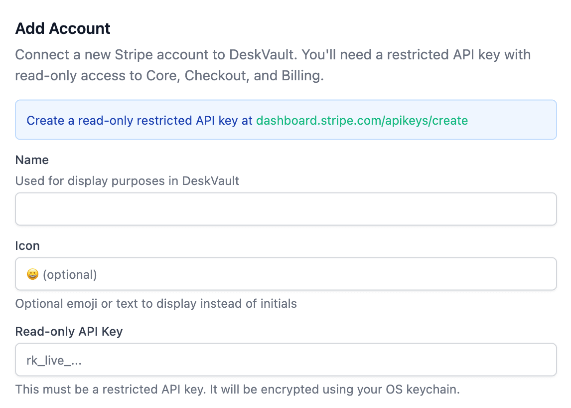 Add account screen showing secure API key setup