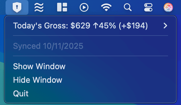 Menu bar integration showing quick stats and controls